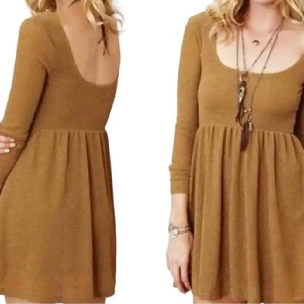 Free People Day & Night Gold Metallic Long Sleeve Babydoll Mini Dress No Size